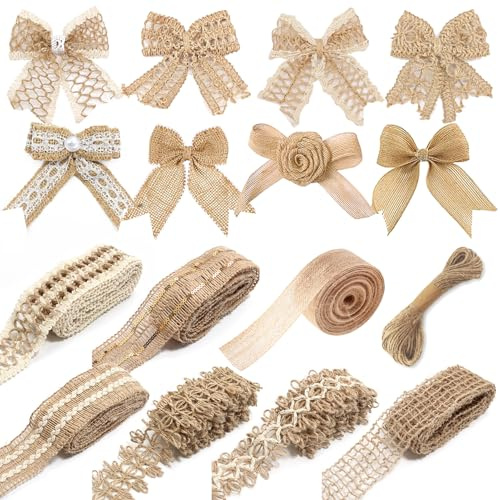 8 Stk Sackleinenbögen Fliege mit 8 Rollen Juteband Sackleinen Band Burlap Band für DIY Nähen Handwerk Geschenkband Wrapping rustikaler Bowknot Party Urlaub und Hochzeit Dekoration