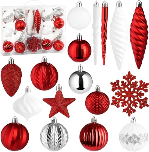BRUBAKER 50 Stück Premium Christbaumschmuck - Weihnachtskugel Set | mit Glitzer Kugeln, Schneeflocken, Eiszapfen und Tannenzapfen - Baumkugel Baumschmuck für Weihnachtsbaum - Rot und Weiß