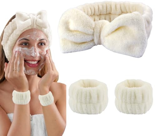 3 Stück Spa Gesichts Stirnband Handgelenk Waschgurt Set, Weiches Makeup Haarband Elastisch Handgelenk Schweißband, Spa Bowknot Haarbänder, für Frauen Duschen Gesicht Waschen Yoga Sport