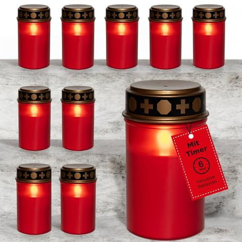 Novaliv LED Grablichter mit Batterie und Timer 6/18 rot 10 Stück LED Kerzen mit Batterien Grabkerzen Friedhofskerze Kerzen flackernde Flamme Gedenkkerze Ewiges Licht Trauerkerze