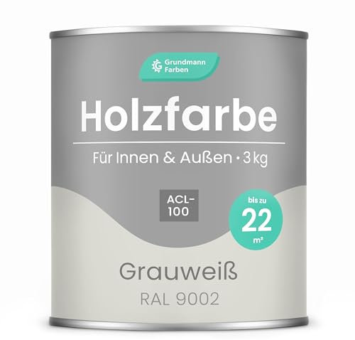 Grundmann Holzfarbe ACL 100 - Holzlack 3 Kg Altweiss - 4in1 inkl. Grundierung - Seidenmatt - Wetterfest für Innen & Außen - RAL 9002 Grauweiß