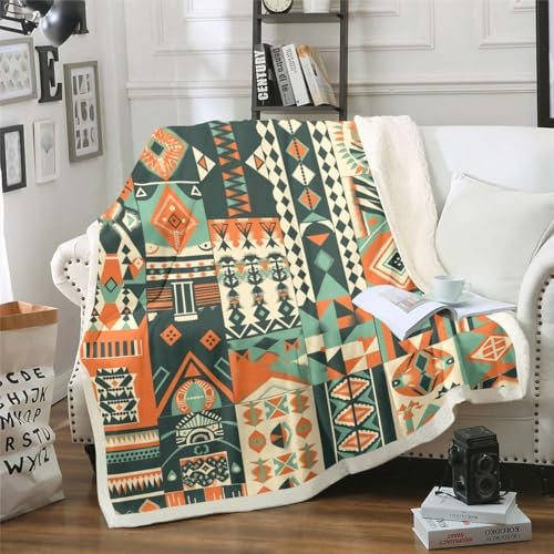 Homewish Couverture Enfant Boho Sud-Ouest, Plaid Canape 130x150cm Adulte Ado Exotique Aztèque Tribal, Couverture Canape Ethnique Patchwork Bohème, Couverture Polaire Géométrique