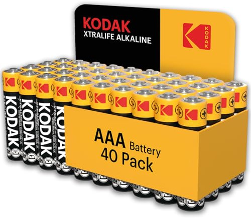 Kodak Xtralife 40 Pack of AAA Alkaline Batteries with a 10-Year Shelf Life, Each Battery is Ideal for High-Drain and Low-Drain Electronic Devices, Easy Storage Cardboard Carton, Power Christmas Toys