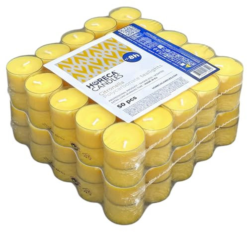 Horeca Candles - Candele Tealight alla Citronella Trasparenti - Durata 8 Ore - Set da 100 Candele Profumate - Lumini da Esterno, Balcone, Picnic, Campeggio