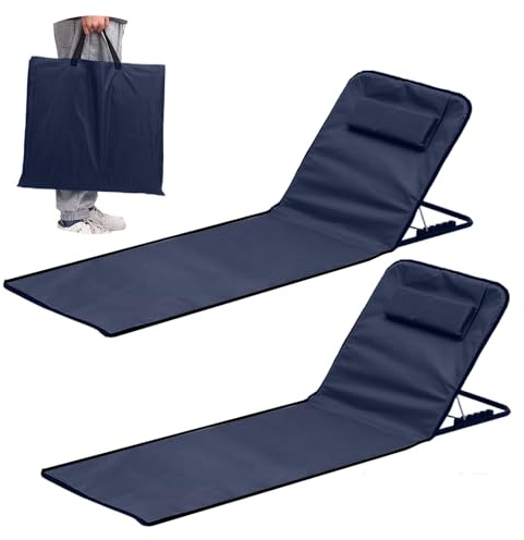 2 stycken hopfällbara strandlieges lätta, bärbar strandliege, strandmatta med justerbart ryggstöd, hopfällbar solmatta med bärväska och praktiskt förvaringsfack, för strand, pool, trädgård och terrass