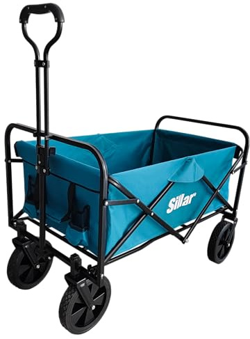 Sillar Chariot de Jardin Pliable, Compact avec poignée, 4 Roues en PVC, capacité de Charge jusqu'à 80 kg, extérieur, Jardin, 100 L, 2 Poches à Boissons supplémentaires à l'avant, Bleu