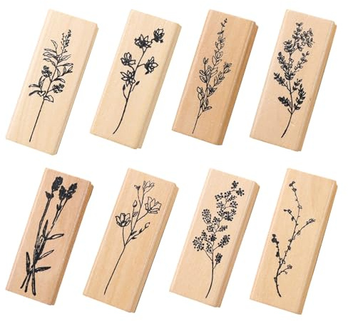 Nhgkju Holzstempel 8 Stück Stempel Set mit Vintage Botanischen Prägestempeln aus Holz & Gummi für Scrapbooking, Tagebuch, DIY Karten, Sammelalben und Basteln