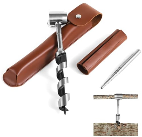 25,4 cm Hand-Schlangenbohrer-Set mit Öse, manueller Holzlochmacher, inklusive Schraubenschlüssel, Lederabdeckung, ausziehbare Stange für Wandern, Camping und Bushcraft