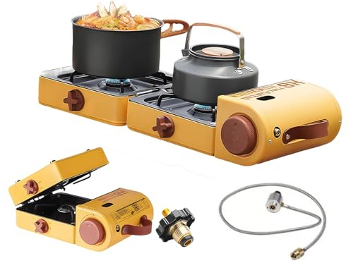 oiakus Poêle à gaz de Camping Portable, Double brûleur Pliable avec des Flammes réglables et Un allumage piézo, 2 x 2300W, Facile à Transporter, Compatible avec Le Carburant isobutane