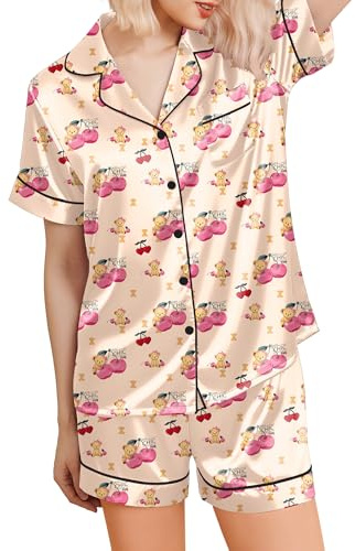 Ekouaer Pyjamas for Women Satin Pjs Set Two Piece Silk Pyjamas for Ladies Button Down Loungewear Teddy bear S