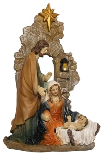 Kaltner Präsente Weihnachtskrippe, Krippenblock Heilige Familie in Grotte, Familienblock Krippe aus Kunststein Handbemalt, Traditionelles Design (Höhe 20 cm)