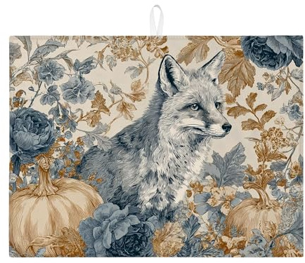 Fox Floral Dish Drying Mats For Kitchen Counter, Vintage Blue Floral Absorbent Dish Drainer Mat, Autumn Microfiber Drying Pad For Coffee Bar 18x24 Inch