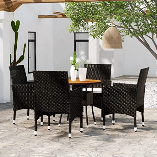 Teenpull 5-TLG. Garten-Essgruppe Poly Rattan Schwarz für Terrasse & Garten, Balkonmöbel Set mit Akazienholz Tisch & Stühlen, Outdoor Dining Set für 4 Personen