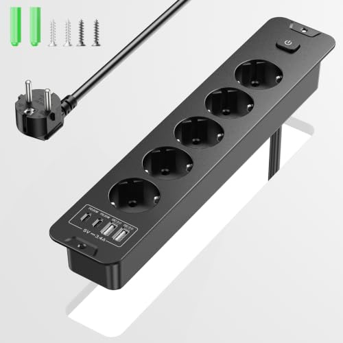 RivHillX Prise encastrable de Bureau, multiprise escamotable 5 Prises + 4 USB (2 USB-C PD20W), câble 2 m, Montage affleurant – pour Tables, Meubles & Cuisines