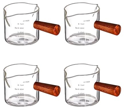 Packool Lot de 4 mini pots à lait avec double bec, poignée en bois durable, verre borosilicate, idéal pour les amateurs d'expresso, lot de 4 tasses à expresso avec graduation