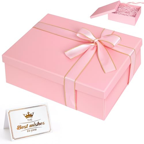 Samlior Geschenkbox 25x18x8,5cm, Geschenkkarton mit Deckel, Faltbar Geschenkboxen mit Grußkarte Raffiabast und Schleife für Geburtstag Hochzeit Jubiläum Weihnachten- Rosa
