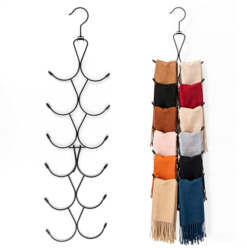 Organizador Cinturones Percha Cinturones, Organizador de Bufandas Perchas para Bolsos Corbateros para Armarios Giratorio 12 Ganchos, Colgador Plegable Multiusos para Armario, 2 Piezas Negro