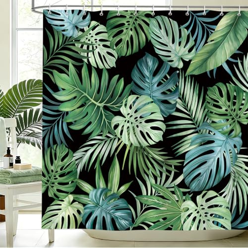 hometrixx Cortina de Ducha Tropical Selva Hojas Palm 180x180cm Verde Negra | Impermeable Poliéster, Antimoho, Secado Rápido, Antiarrugas, Cortina Bañera con 12 Ganchos, Lavable a Máquina para Bañera