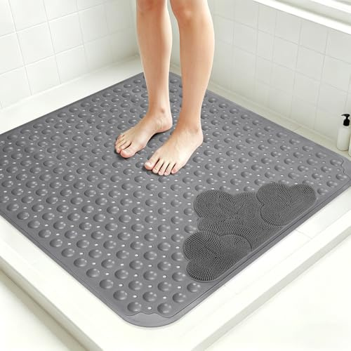 Duschmatte rutschfest 80x80 cm,TPE Massage Duschmatte, Dicke Antirutschmatte Dusche mit Saugnäpfen, Große rutschfeste Duscheinlage, Schwere Badewannenmatte BPA frei Fußreiniger (Grau, 80x80 cm)