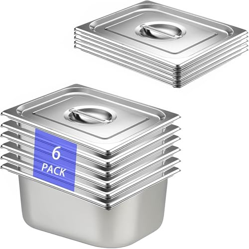 QYDMIN 6 Stück GN 1/2 Behälter, 32,5 x 26,5 x 15 cm Edelstahl Behälter mit Deckel, Gastro Behälter für Speisen, Torten, Hotelpfanne Tisch Food Pan