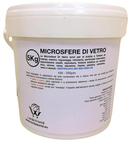 Microsfere di Vetro Abrasivo 5Kg, 100-200 Micron - Sabbia per sabbiatrice, Durezza Mohs 6-7, Riutilizzabile 6-7 Volte, per Sabbiatura, Sverniciatura e Finitura - LordsWorld