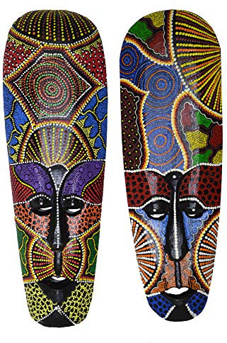 WorldBazzar 20 SET OF 2 AFRICAN HAND CARVED ABORIGINAL DOT ART WOODEN TRIBAL MASK WALL DECOR