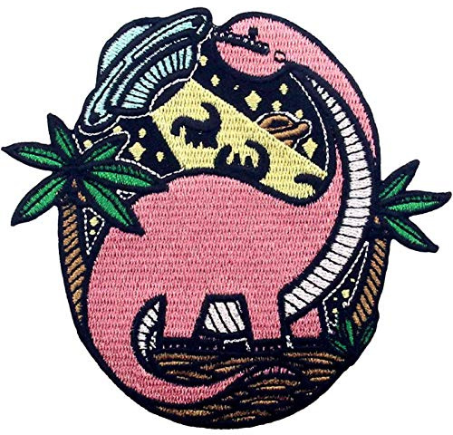 Aufnäher, bestickt, Design: Reinkommen Dinosaurier, UFO Außerirdischer, zum Aufbügeln oder Aufnähen