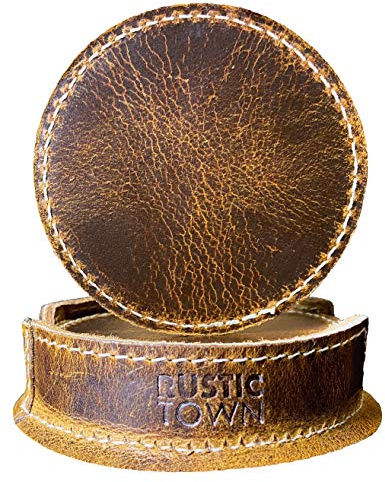 Rustic Town Leather Coasters for Drinks - Cup Coasters Coffee Table Kitchen Table Bar, Home & Office Gifts Handmade Drink Coasters