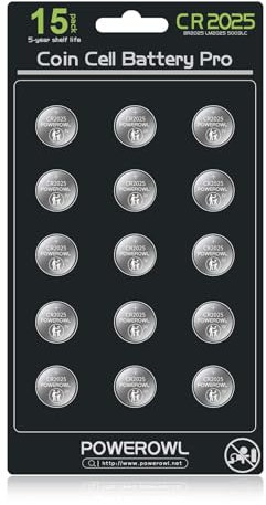 POWEROWL - CR2025 3V Lithium Battery (15PCS), Baby Secure Packaging, High Capacity CR 2025 Batteries Coin Cell Button