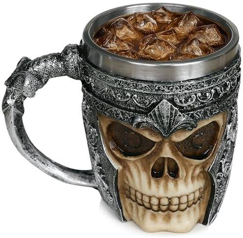 Premium 3D dödskalle kopp i rostfritt stål för drycker som kaffe, te, cappuccino, öl I viking skalle huvud kopp med skelett skalle design optik (1)