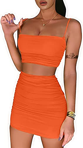 Dam 2-delat kläder set rynkad Cami magtröja bodycon kjol mini klubb klänning, NEONORANGE, XL