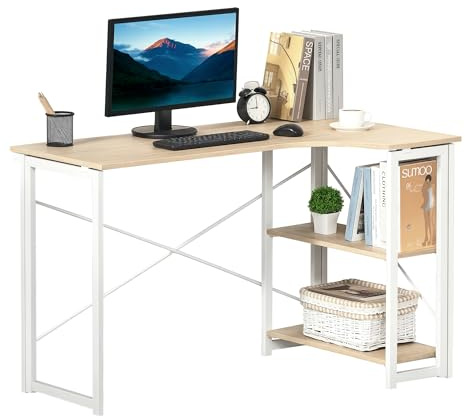 HOMCOM Folding Desk, L Shaped Desk, Corner Computer Desk with 2-Tier Storage Shelf for Home Office, Study Room, Workstation, Easy Assembly, 120 x 72.5 x 76.5cm, Oak Tone