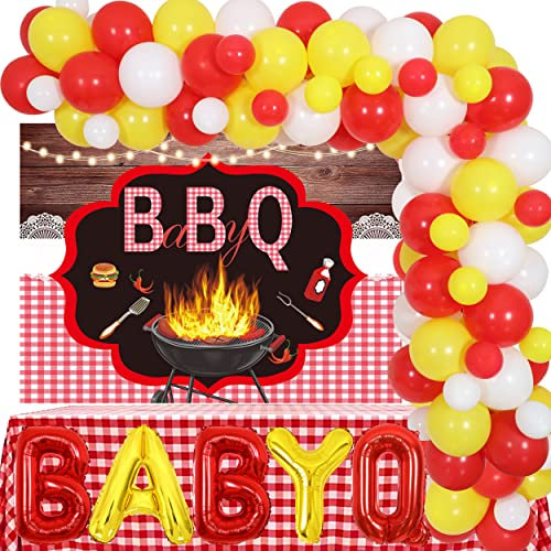 Décorations de fête prénatale pour barbecue – Kit de guirlande de ballons Baby Q avec toile de fond et nappe vichy pour garçon ou fille pour pique-nique, barbecue, fête de révélation du sexe