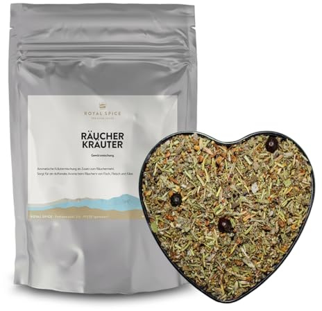 Royal Spice Räucherkräuter 150 g – Aromatische Kräutermischung zum Räuchern von Fisch, Fleisch & Käse – Hausgemachte Naturkräuter als Zugabe zum Räuchermehl – Für Heißräuchern & Räucherkammer