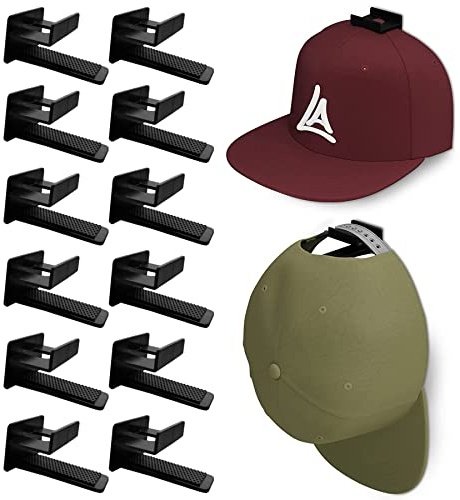 Baoswi Adhesive Hat Rack Display Hooks for Wall & Door (12 Pack) Baseball Cap Holder, Closet & Storage Organiser, Strong Cap Hanger for Room & Mancave, No Drilling (Black)
