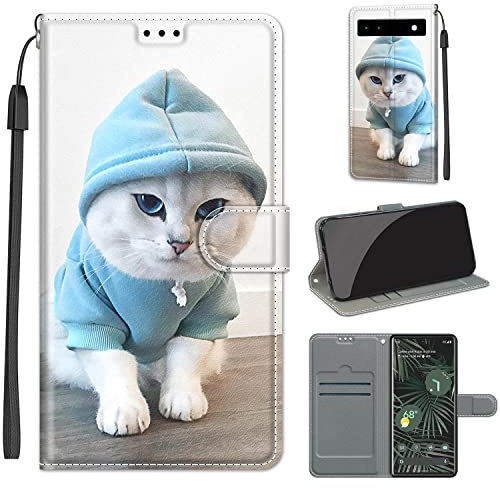 Handyhülle für Google Pixel 6A, Blau gekleidete Katze | Standfunktion, Kartenfach, Magnetisch, Stoßfeste Schutzhülle, Flip Leder, Klapphülle
