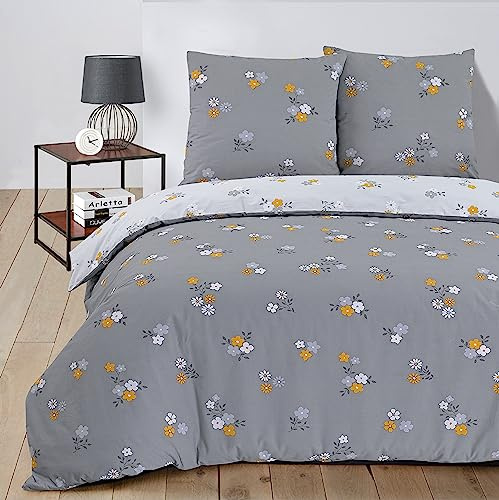 Vision - Parure de lit Réversible 100% Coton - Leyla Gris - Set de Housse de Couette 240x220 cm avec 2 taies d'oreiller pour lit Standard 2 Personnes - Fibres Naturelles - Oekotex