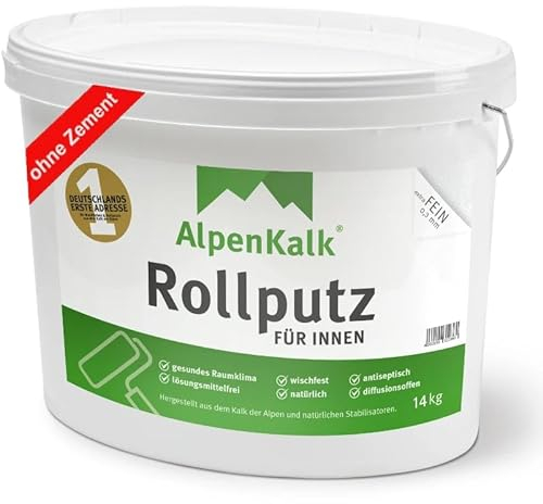 AlpenKalk® Allergiefreundlicher Rollputz innen extra-fein - Hohe Deckkraft, Verarbeitungsfertig, Einfach - Roll- und Streichputz innen - 0,3mm Körnung [14 kg für ca. 60 m²]