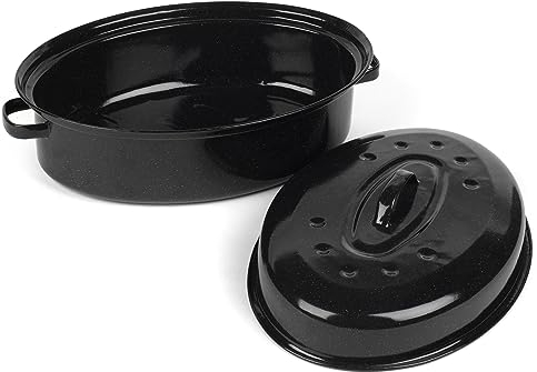Salter BW12811EU7 - Fuente de horno de acero esmaltado vítreo de 38 cm con tapa, ovalada, sin PFAS, apta para lavavajillas, horno hasta 230 °C, fácil limpieza, carne asada y verduras, color negro