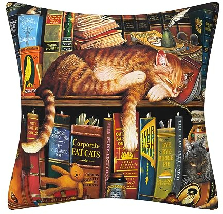 DILOXNSU Kissenbezug mit Katze, schönes Bücherregal, schlafende Katze, Geschenke für Katzenliebhaber, doppelseitig, quadratisch, Dekor, Kissenbezug, 114 x 114 cm, für Sofa, Wohnzimmer, Bett,