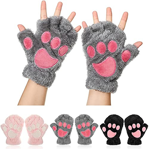 Topgrowth Accessorio Femmes Gants Kawaii Chat Peluche Pattes Sans Doigts en Fausse Fourrure pour Cosplay - Filles Gants Demi Doigt en Tissu, Z-Gris., taille unique
