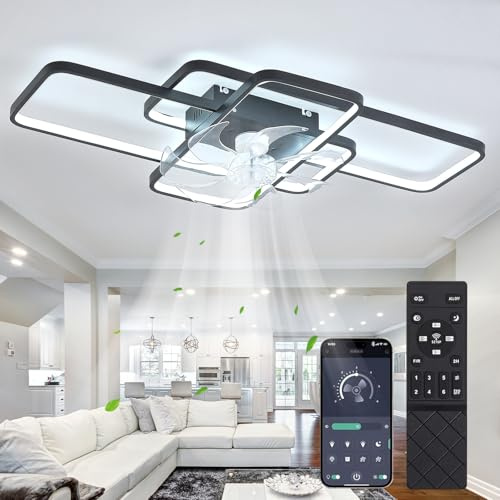 MiiR Deckenventilator Mit Beleuchtung,LED 80W Deckenventilator Mit Fernbedienung Leise Lampe Mit Ventilator Dimmbar 6 Windgeschwindigkeit Deckenleuchte Für Wohnzimmer Schlafzimmer Licht Schwarz 72cm