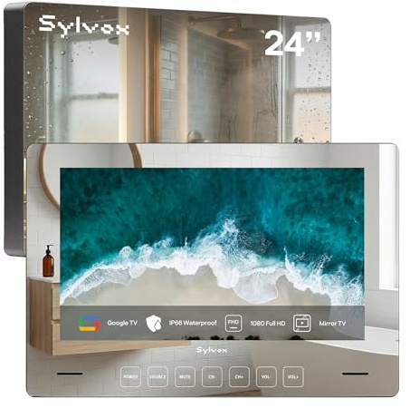 SYLVOX Smart Mirror Badezimmer Fernseher, 24 Zoll Badspiegel TV Waterproof | IP66 Wasserdicht 12V Google TV | 1080P Touch Button WiFi Bluetooth Google Assistant für Hotel Gym Sauna(Wandhalterung)