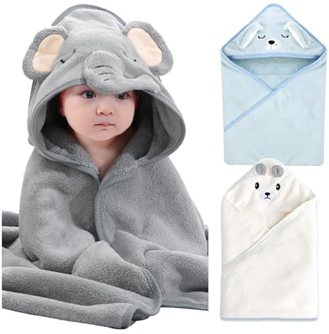 Beiktehy 3 Stück Kapuzenhandtuch für Baby, 80 x 80 cm Baby Handtücher Große Weiche Super Saugfähige Kapuzenhandtuch, Babyhandtuch mit Kapuze für Kleinkinder