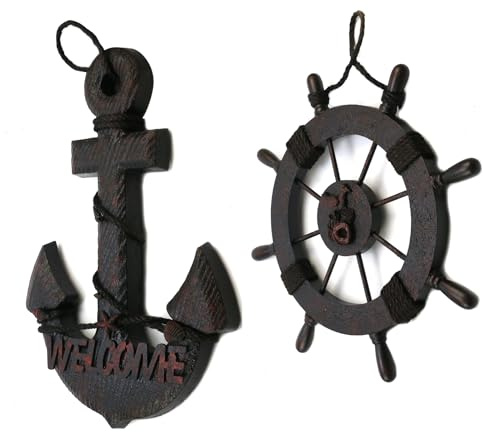 Mewutal 2 PCS 11 Wooden Ship Steering Wheel and 13 Wood Anchor Black Boat Rudder Anchor with Rope Nautical Theme Wall Decor Ornament for Home Decoration (11 Boat Wheel + 13 Anchor)