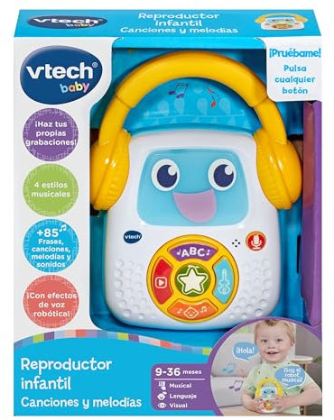 VTech-Baby Reproductor Infantil de Canciones y Melodías, con Grabadora de Voz y Luces Interactivas - Juguete Educativo en Español para Niños Pequeños, Control de Volumen y Asa para Llevar (80-607822)
