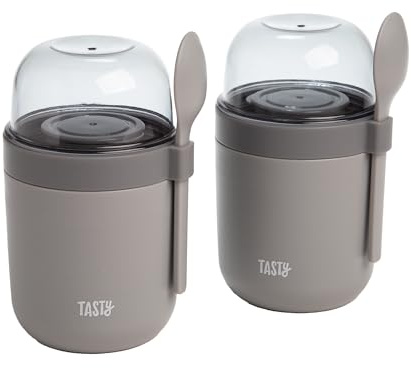 Tasty Travel Snack Cups with Spoons, On-The-Go Snacking, Divided Compartments, Great for Nuts, Cereal, Granola, Yogurt and More, Made Without BPA, 2-Pack, Gray