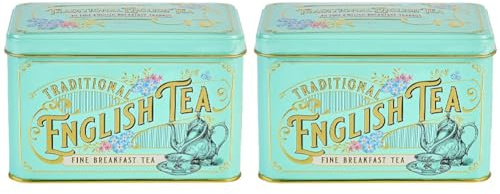 New English Teas Vintage Victorian Tea Caddy with 40 English Breakfast Tea Bags, Forget Me Not Florals, Ceylon Black Tea, Mint Green Small Tea Tin (Pack of 2)