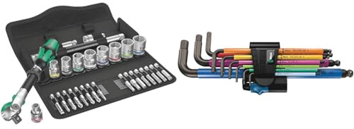 Wera 8100 SB 6 Zyklop Speed 3/8 Multifunction Ratchet & Socket Set, Metric, 29pc, 05004046001, Silver & 950 SPKL/9 SM HF Multicolour L-Key Set Metric BlackLaser with HOL