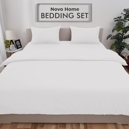 Novo Home Bedding Set Double with Fitted Sheet, Duvet Cover & 2 Pillowcases – White Microfibre 4 Piece Bed Set | Soft, Durable & Easy Care Double Bedding for All Season Comfort in Modern Bedroom